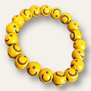 Bracelet with Wooden Beads and Engraved Celestial Symbols Moon & Stars